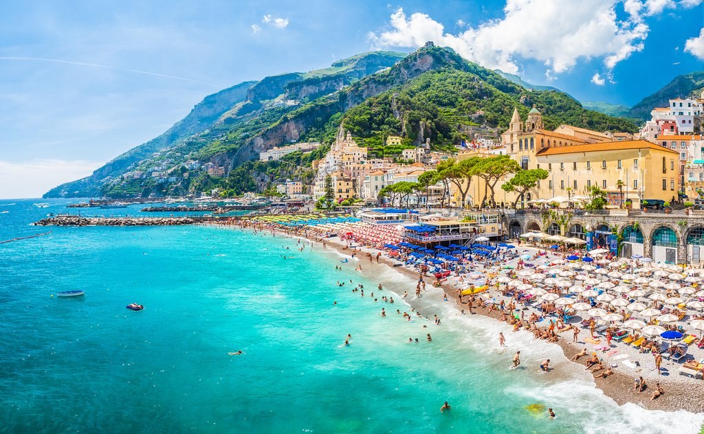 Positano on the Amalfi Coast - pastel houses stacked above the harbour
